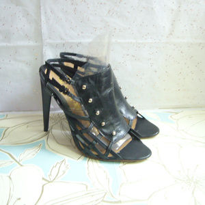 L.A.M.B. Gwen Stefani Black Studded Caged Stiletto 9.5 Y2K Edgy Chic Sexy Unique